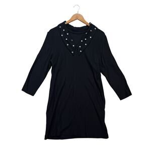 Liz Claiborne Vintage Sequin Black Acrylic V Neck Dress Petite L/S Large L